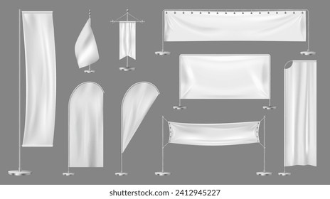 Horizontal and vertical textile banners for advertising. Vector isolated blank flag sheets on metallic poles with copy space for promotion of shop or store. Cotton fabric on frame for text