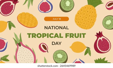 Horizontal vibrant banner for National Tropical Fruit Day with cartoon clipart of juicy fruits from tropics. Colourful holiday poster, website banner, social media post with pomegranate, kiwi, lemon