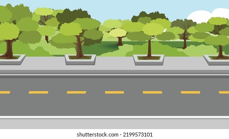 Horizontaler Blick auf die Asphaltstraße.  Hintergrund von Bäumen auf Fußwegen und Bäumen Wald und grünes Gras. Unter dem blauen Himmel.