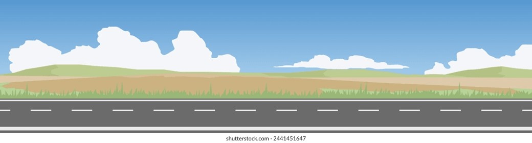 Horizontal view of Asphalt road.  Background of plain grassland and hills with mountain. Under the white clouds and blue sky.