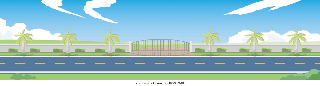 Horizontal view of Asphalt road.  Background of private area wall with entrance door and dirt path. Under the white clouds and blue sky.