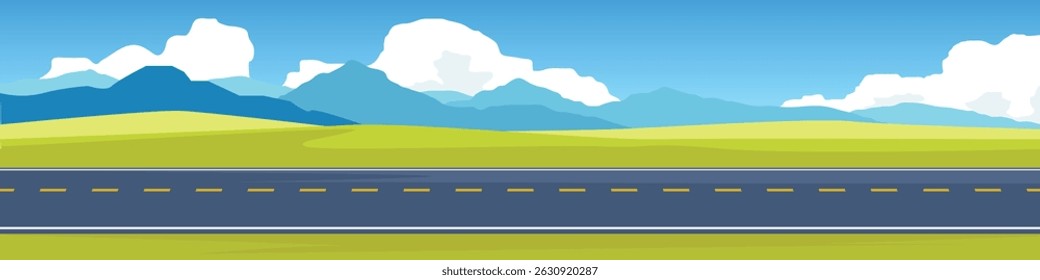 Horizontal view of Asphalt road.  Background of plain grassland and hills with rugged mountains. Under the white clouds and blue sky.