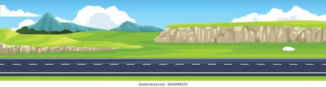 Horizontal view of Asphalt road.  Background of plain grassland. Alternating with rolling hills. Forest and mountain under the white clouds and blue sky.