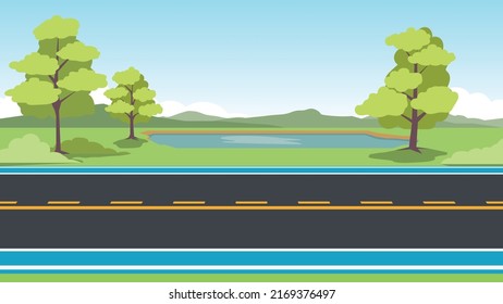 Horizontal view of Asphalt road. with bike lense. Background of trees and green grass with puddle and mountain. Under the blue sky.
