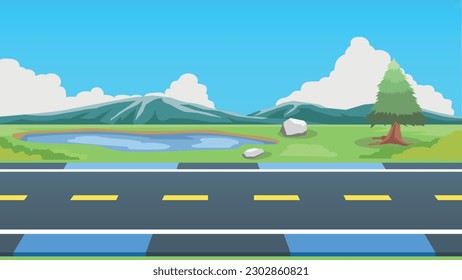 Horizontal view of Asphalt road with bike lens. Background of trees and green grass with pool. And mountain under blue sky with white clouds.