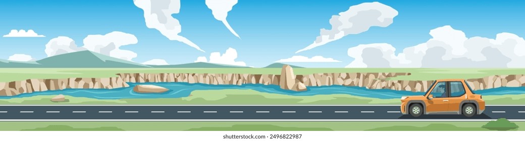 Horizontal view of asphalt road. Cars driving on the road. Landscape view of along the riverbank with deep cliffsmountain. under blue sky and white clouds. 
