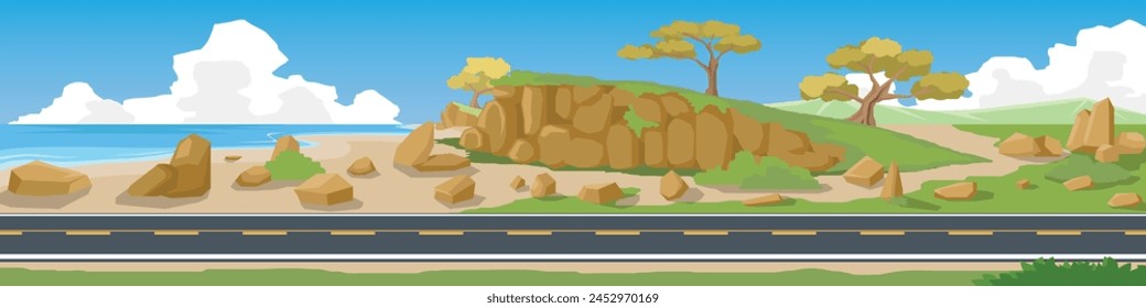 Horizontal view of Asphalt road.  Coastal area lined with hills and rocks. background of mountain under blue sky and white clouds.