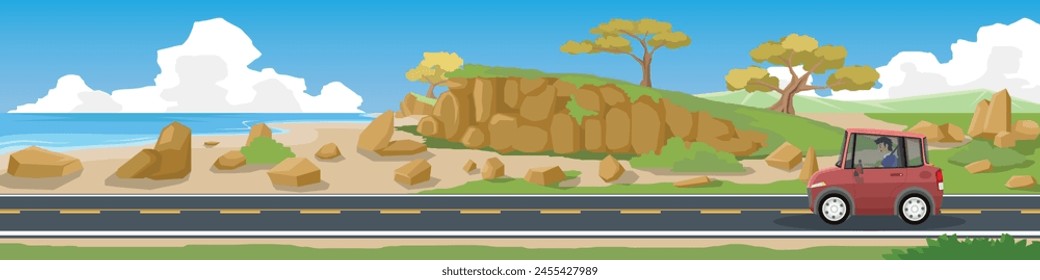 Horizontal view of Asphalt road.  Coastal area lined with hills and rocks. with sedar car red color and driving man. background of mountain under blue sky and white clouds.