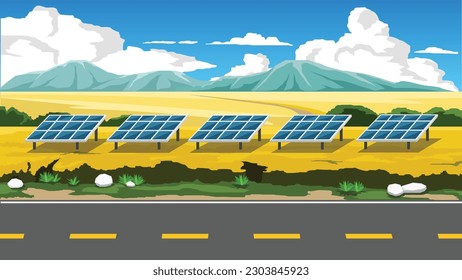 Horizontal view of asphalt road cuts through a vast field of yellow flowers. Solar panels lined up on the open area receive sunlight. Background of mountain under blue sky and white clouds.