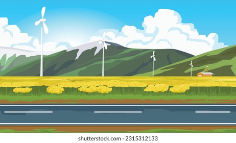 Horizontaler Blick auf Asphaltstraße zieht sich durch ein riesiges Feld gelber Blumen. Windkraftanlagen, die auf der Windfläche mit dem Haus aufgereiht sind. Hintergrund des Berges unter blauem Himmel und weiße Wolken und Sonnenlicht.