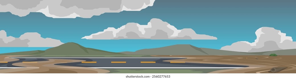 Horizontal view of Asphalt road with flooded areas. Wide open areas with flooded roads. Bring trees and trash. Under the sky and dark clouds.