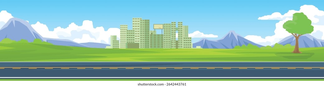 Horizontal view of Asphalt road. Large city in the heart of a valley. Bright green grassland hills in front with trees. The background is full of rolling hills. Thick white clouds under the blue sky.
