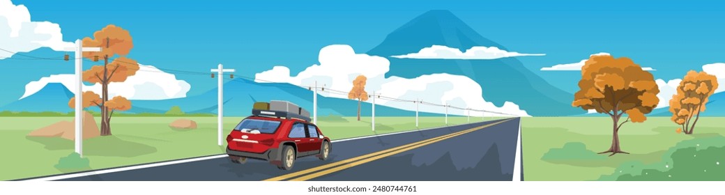 Horizontal view of asphalt road with nature two side of road. Background of mountain and clouds under blue sky. with Perspectives rear side view of SUV red car. with driving go to travel on upcountry.