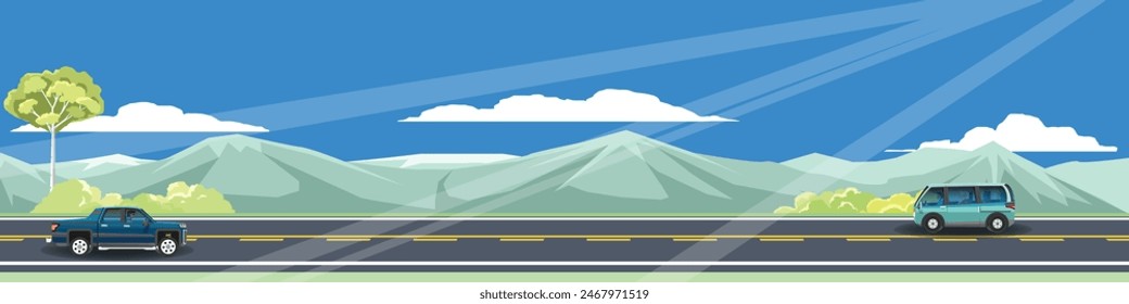 Horizontal view of asphalt road. Two cars driving on the road two lanes. Landscape view of mountain under blue sky and white clouds.