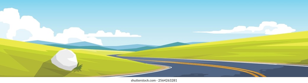 Horizontal view of beautiful asphalt road winding through hills and fields. Winding goal ahead. Transportation and nature background under blue sky for banner.Vector or illustrati