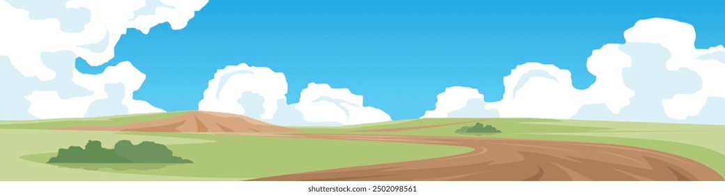 Horizontal view of dirt road that leads straight ahead along a hilly path. Vast grasslands and high and low hills. Under white clouds and blue sky.