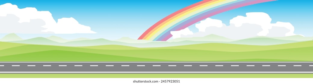 Horizontal view of empty asphalt road.  Background of plain grassland and hills with mountain. Under the white clouds and blue sky. rainbow in the middle of the sky