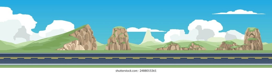 Horizontal view of empty asphalt road. Background of hill with a large cliff. and the mountain ranges far away. Under the white clouds and blue sky.