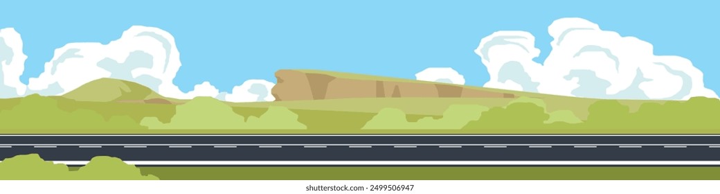 Horizontale Ansicht der leeren Asphaltstraße. Wiese mit Gras und Hügel mit Berg. Unter den weißen Wolken und blauen Himmel in der Tageszeit.