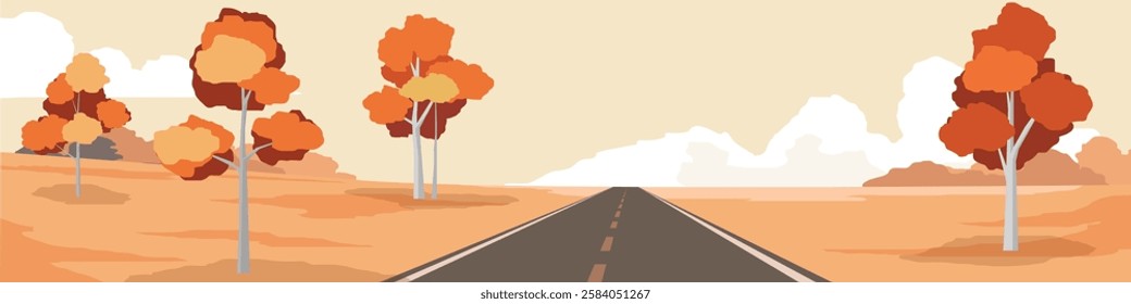 Horizontal view or Landscape of asphalt road with nature two side of road. Environment of grass and leaves in spring. Under evening sky with clouds.