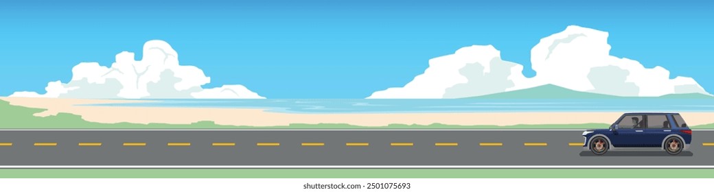 Horizontal view or Landscape view of family car travels on asphalt road near the sand beach. Background with beautiful sandy beach at day. Copy Space Flat Vector Illustration.