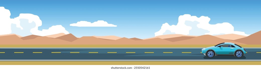 Vista Horizontal o paisaje de viajes de coche deportivo con carreras de conducción para el Anuncio. Carretera de asfalto cerca del prado con el ambiente seco del otoño y la montaña bajo cielo claro. Espacio para texto Vector plano.