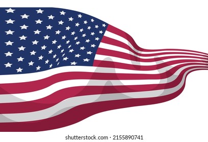Horizontal view of long U.S.A. flag in cartoon style, waving over white background.