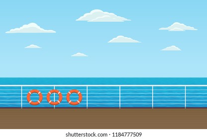 Horizontal view of ocean from ship promenade deck sailing in sea with blue sky background in flat icon design