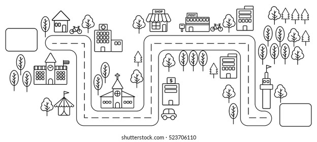Horizontal view of Simple black line urban town map in flat design on white background