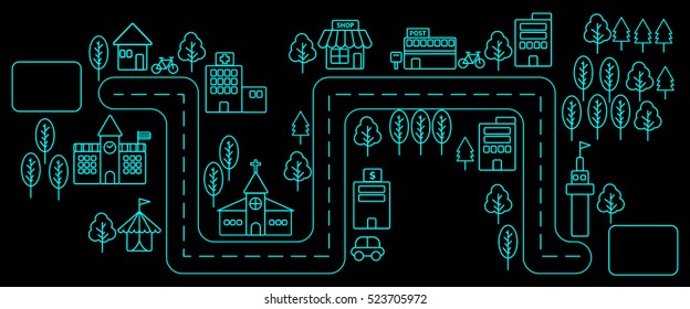 Horizontal view of Simple neon blue line urban town map in flat design on black background