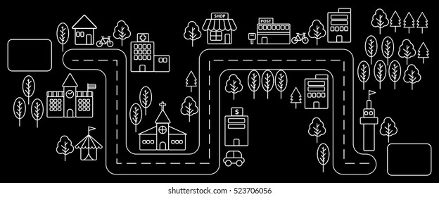 Horizontal view of Simple white line urban town map in flat design on black background