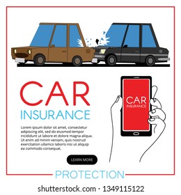 Horizontal view of a stressful  driver after car accident on the road. Funny flat vector illustration.