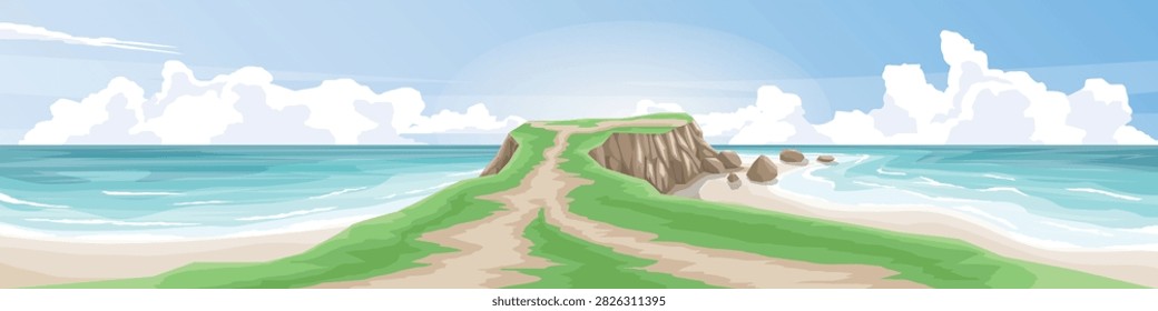 Horizontal view of tranquil coastal landscape with grass covered cliffs overlooks a pristine beach. Calm blue sea is visible under a clear slightly cloudy sky. For banner background.