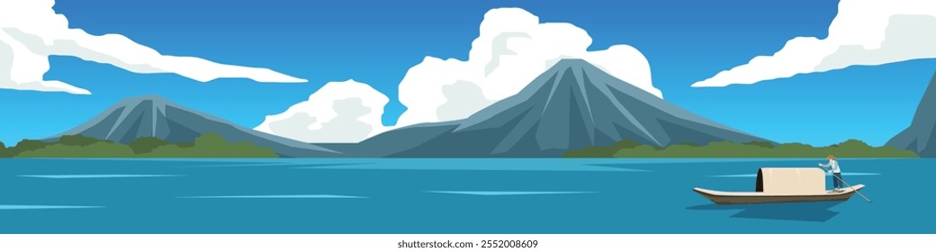 Horizontal view transport of boat on river. A man rows an old-fashioned wooden passenger boat on a large river. Background of green forest and mountain under blue sky and white clouds.