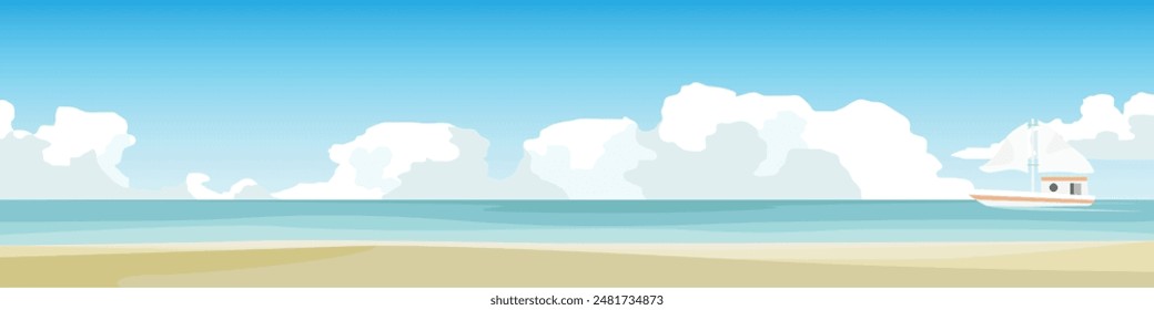 Horizontal view vector of sea beach. Foreground of sand beach with wave of ocean. Sailboat sailing on the sea. Under view of clear sky and white clouds.
