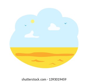 Horizontal view of yellow field or wilderness, cloudy sky and sunshine, hot weather, flying birds. Flat style of meadow, summer and wildlife nature vector