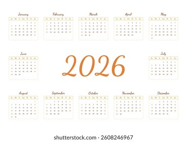 Horizontal vintage calendar 2026 on English. Desk or wall A4 calendar. Week starts on Sunday