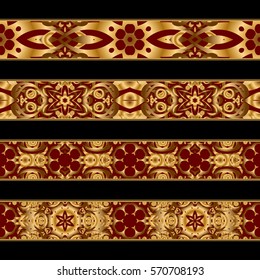 Horizontal vintage gold background set, vector square ornamental frames in gold and red colors on a black background.