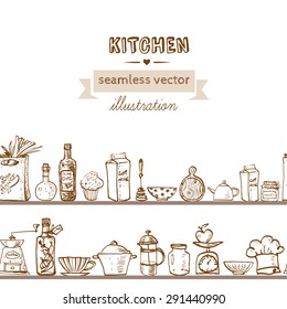 Horizontal vintage seamless pattern with doodle sketch kitchen utensils on shelves. Can be used for wallpaper, pattern fills, textile, web page background, surface textures. Vector illustration. 