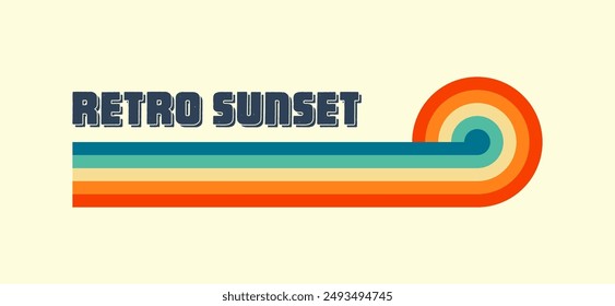 Horizontal vintage sunset. Various colorful striped sunrise badges in 80s and 90s style. Sun and ocean view, summer vibes, surfing. Design element, print, logo or t-shirt. Vector illustration
