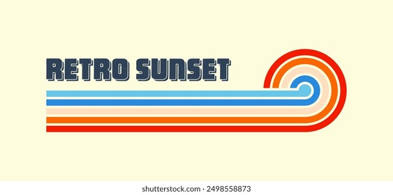 Horizontal vintage sunset. Various colorful striped sunrise badges in 80s and 90s style. Sun and ocean view, summer vibes, surfing. Design element, print, logo or t-shirt. Vector illustration