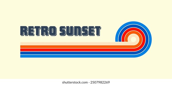 Horizontal vintage sunset. Various colorful striped sunrise badges in 80s and 90s style. Sun and ocean view, summer vibes, surfing. Design element, print, logo or t-shirt. Vector illustration