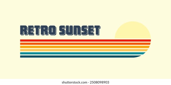 Horizontal vintage sunset. Various colorful striped sunrise badges in 80s and 90s style. Sun and ocean view, summer vibes, surfing. Design element, print, logo or t-shirt. Vector illustration