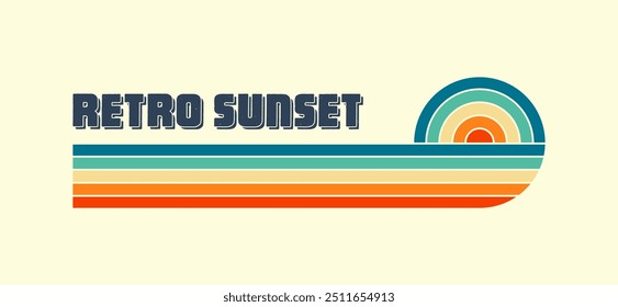 Horizontal vintage sunset. Various colorful striped sunrise badges in 80s and 90s style. Sun and ocean view, summer vibes, surfing. Design element, print, logo or t-shirt. Vector illustration