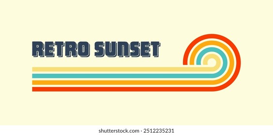 Horizontal vintage sunset. Various colorful striped sunrise badges in 80s and 90s style. Sun and ocean view, summer vibes, surfing. Design element, print, logo or t-shirt. Vector illustration