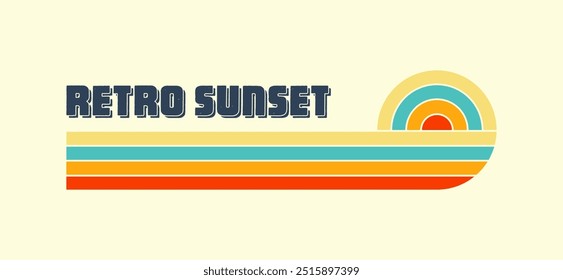 Horizontal vintage sunset. Various colorful striped sunrise badges in 80s and 90s style. Sun and ocean view, summer vibes, surfing. Design element, print, logo or t-shirt. Vector illustration