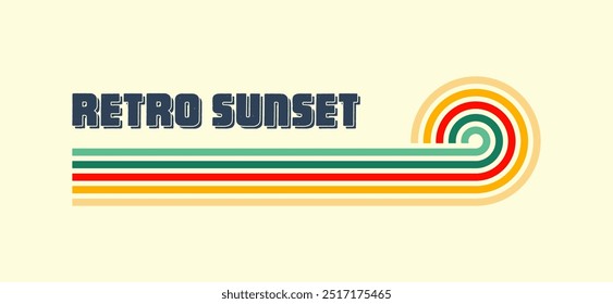 Horizontal vintage sunset. Various colorful striped sunrise badges in 80s and 90s style. Sun and ocean view, summer vibes, surfing. Design element, print, logo or t-shirt. Vector illustration
