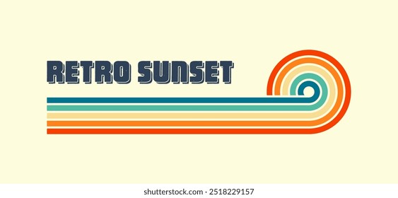Horizontal vintage sunset. Various colorful striped sunrise badges in 80s and 90s style. Sun and ocean view, summer vibes, surfing. Design element, print, logo or t-shirt. Vector illustration