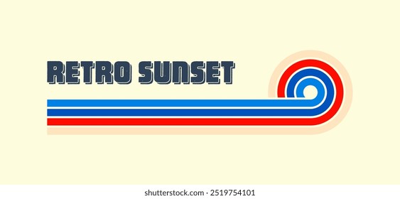 Pôr do sol vintage horizontal. Vários distintivos coloridos listrados do nascer do sol no estilo dos anos 80 e 90. Vista do Sol e do oceano, vibrações de verão, surfe. Elemento de design, impressão, logotipo ou camiseta. Ilustração vetorial