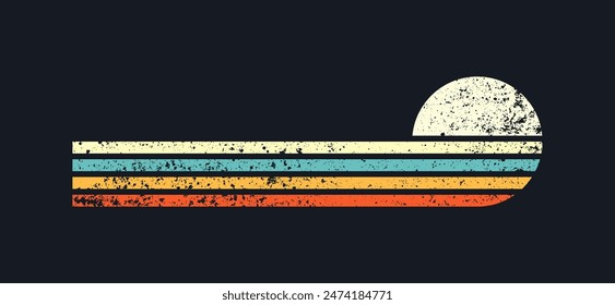 Horizontal vintage sunsets. Various colorful striped sunrise badges in 80s and 90s style. Sun and ocean view, summer vibes, surfing. Design element, print, logo or t-shirt. Vector illustration.